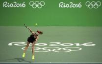 2016 Rio Olympics - Tennis - Preliminary - Women's Singles Second Round - Olympic Tennis Centre - Rio de Janeiro, Brazil - 08/08/2016. Eugenie Bouchard (CAN) of Canada in action against Angelique Kerber (GER) of Germany REUTERS/Toby Melville