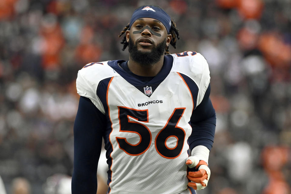 FILE - Denver Broncos linebacker Baron Browning (56) runs off the field for halftime during an NFL football game against the Las Vegas Raiders Sunday, Oct. 2, 2022, in Las Vegas. A new investment platform that allows fans to buy and sell shares in the future on-the-field earnings of college and professional athletes has received federal approval to begin trading in the U.S. stock market. Browning will headline Vestible Inc.'s initial offering the week of March 18. Vestible is entitled to 1% of Browning’s on-field income, which will be distributed to shareholders, for the remainder of his NFL playing career. (AP Photo/David Becker, File)