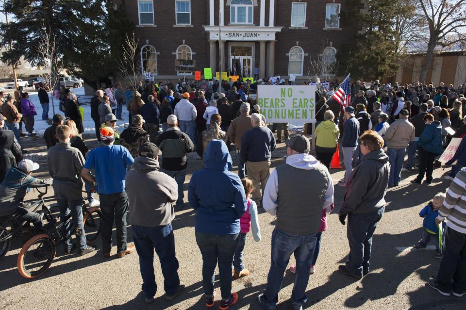 Local residents protest against the new Bears Ears National Monument in Monticello, Utah, Thursday, Dec. 29, 2016. President Barack Obama expanded his environmental legacy in the final days of his presidency with national monument designations on lands in Utah and Nevada that have become flashpoints over use of public land in the U.S. West. (Rick Egan/The Salt Lake Tribune via AP)