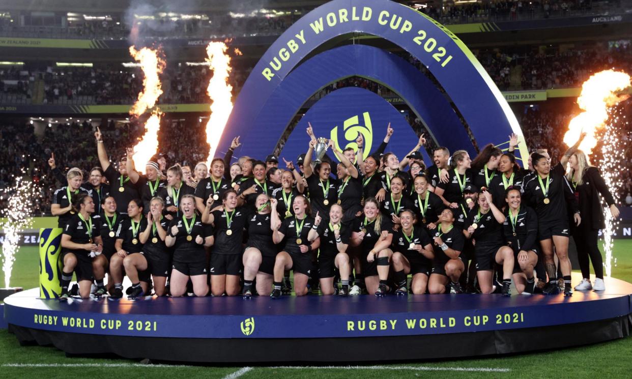 <span>New Zealand’s delighted squad after winning the 2021 World Cup (held in 2022).</span><span>Photograph: David Rowland/Reuters</span>