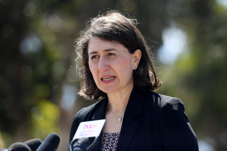 NSW Premier Gladys Berejiklian addresses media during a press conference outside the Covid Vaccination hub at Macquarie Fields, south west of Sydney.   