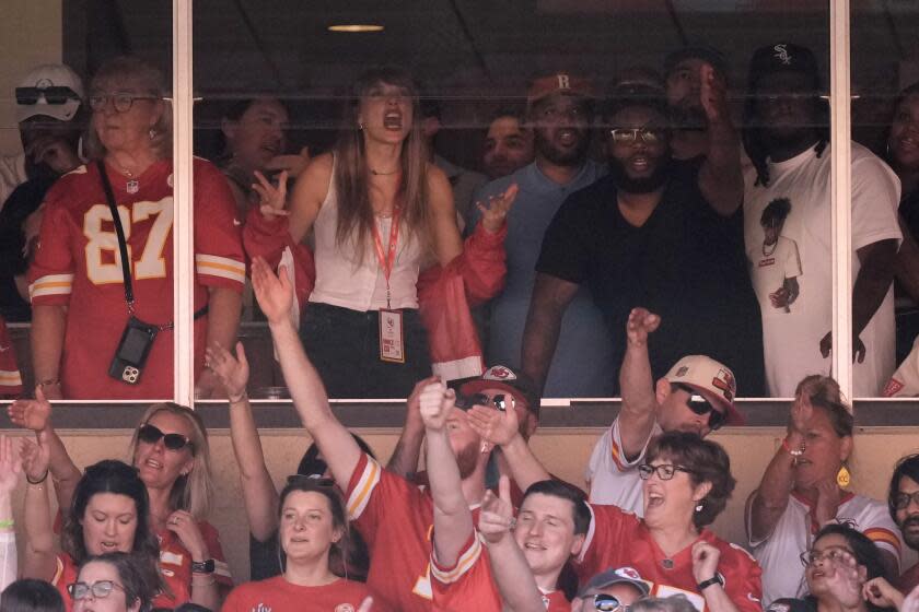 Singer Taylor Swift watches during the first half of an NFL football game between the Kansas City Chiefs and the Chicago Bears Sunday, Sept. 24, 2023, in Kansas City, Mo. (AP Photo/Charlie Riedel)