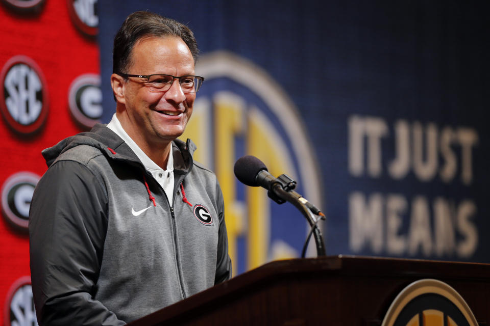 Georgia head coach Tom Crean speaks during the Southeastern Conference NCAA college basketball media day, Wednesday, Oct. 16, 2019, in Birmingham, Ala. (AP Photo/Butch Dill)