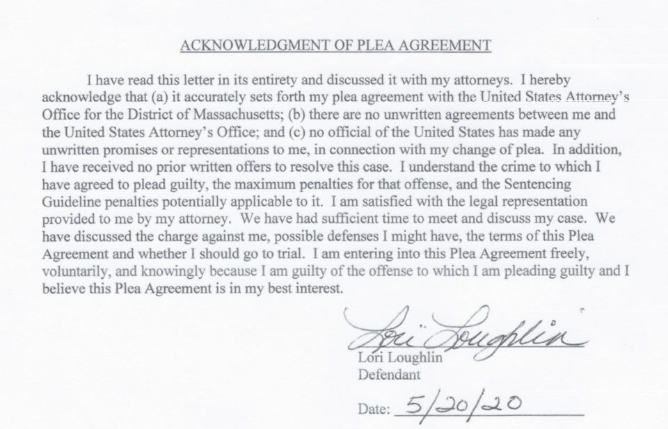 Lori Loughlin's signature on the plea agreement. (Screenshot: justice.gov/usao-ma)