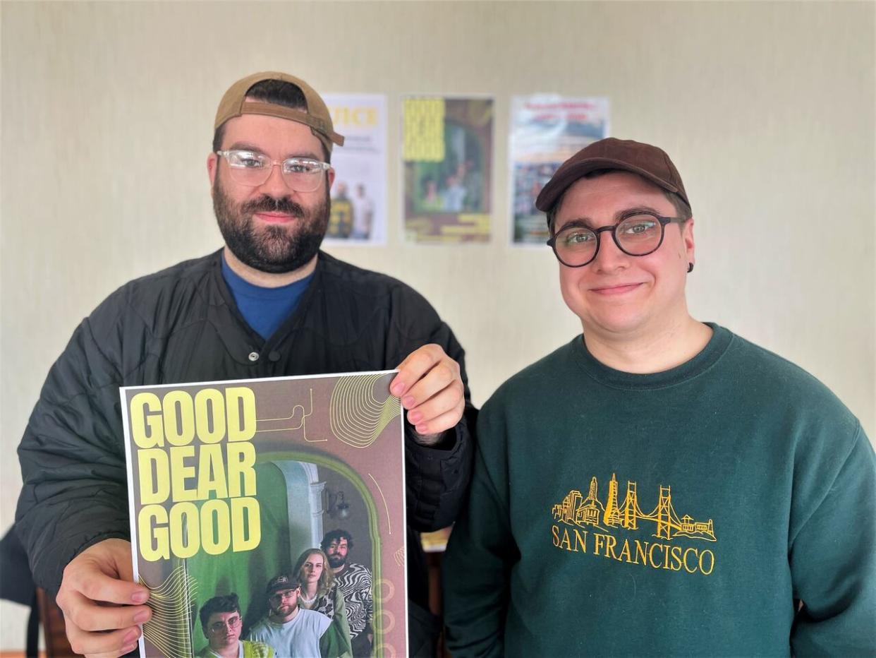 Brandon MacDonald, left, and Tim Hatcher of the Nova Scotia band Good Dear Good are nominated for three awards, but they're just as excited as any fan to listen to the music at the festival. (Josefa Cameron/CBC - image credit)