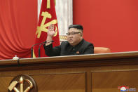 In this photo provided by the North Korean government, North Korean leader Kim Jong Un attends the ruling party congress in Pyongyang, North Korean, Sunday, Jan. 10, 2021. Kim was given a new title, “general secretary” of the ruling Workers’ Party, formerly held by his late father and grandfather, state media reported Monday, Jan. 11, in what appears to a symbolic move aimed at bolstering his authority amid growing economic challenges. Independent journalists were not given access to cover the event depicted in this image distributed by the North Korean government. The content of this image is as provided and cannot be independently verified. Korean language watermark on image as provided by source reads: "KCNA" which is the abbreviation for Korean Central News Agency. (Korean Central News Agency/Korea News Service via AP)