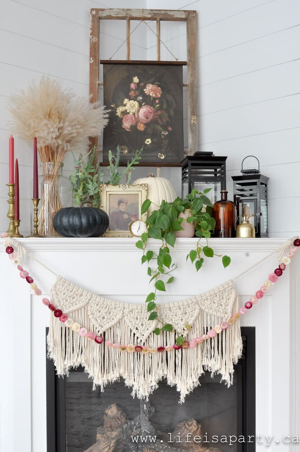 diy floral print fall mantel decor