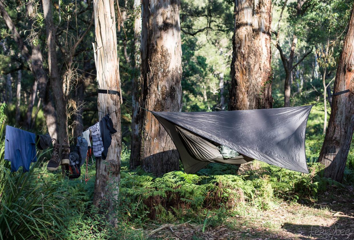 Hammock at Base Camp in forest with drying laundry hanging