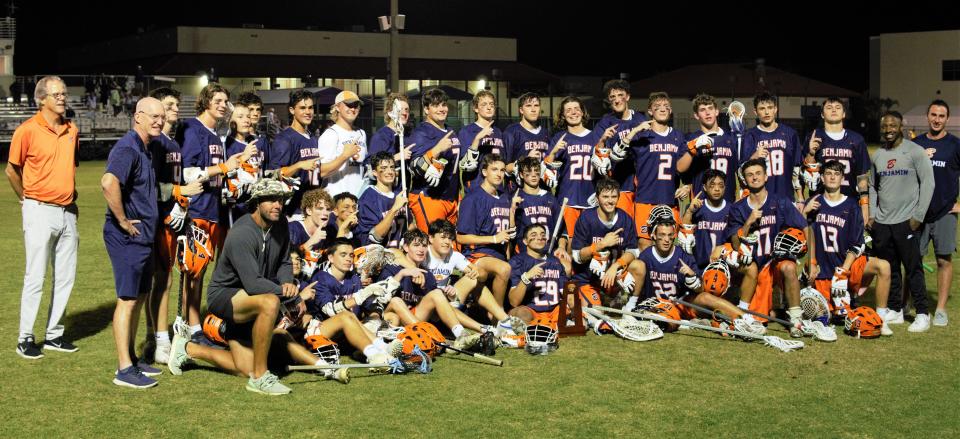 Benjamin celebrates their 16-6 victory over St. Edward's in the District 8-1A lacrosse championship game in Vero Beach on Thursday, Apr. 14, 2022.