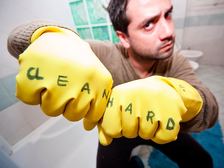 cleaning the bathroom gloves clean hard