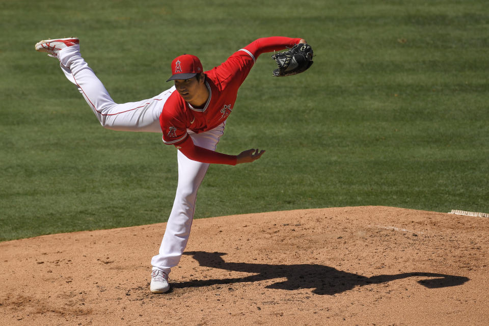 Los Angeles Angels pitcher Shohei Ohtani throws during an intrasquad baseball game at practice Monday, July 13, 2020, in Anaheim, Calif. (AP Photo/Mark J. Terrill)