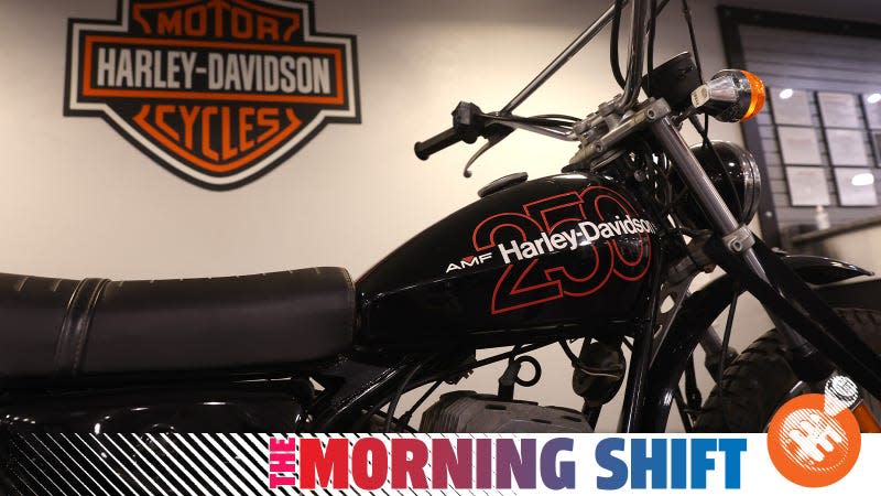 A photo of a Harley-Davidson motorcycle at a showroom.