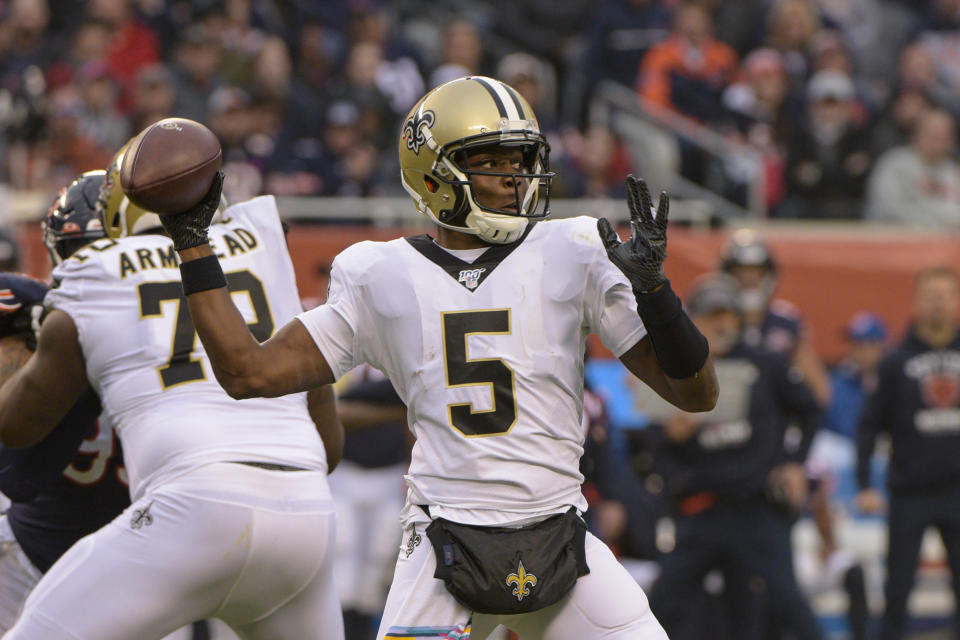 FILE - In this Sunday, Oct. 20, 2019 file photo, New Orleans Saints quarterback Teddy Bridgewater (5) throws against the Chicago Bears during the first half of an NFL football game in Chicago. The Carolina Panthers have worked out a deal with Teddy Bridgewater to replace quarterback Cam Newton. A person familiar with the deal says Bridgewater is taking a three-year, $63 million contract after winning all five of his starts for New Orleans last season.(AP Photo/Mark Black, File)