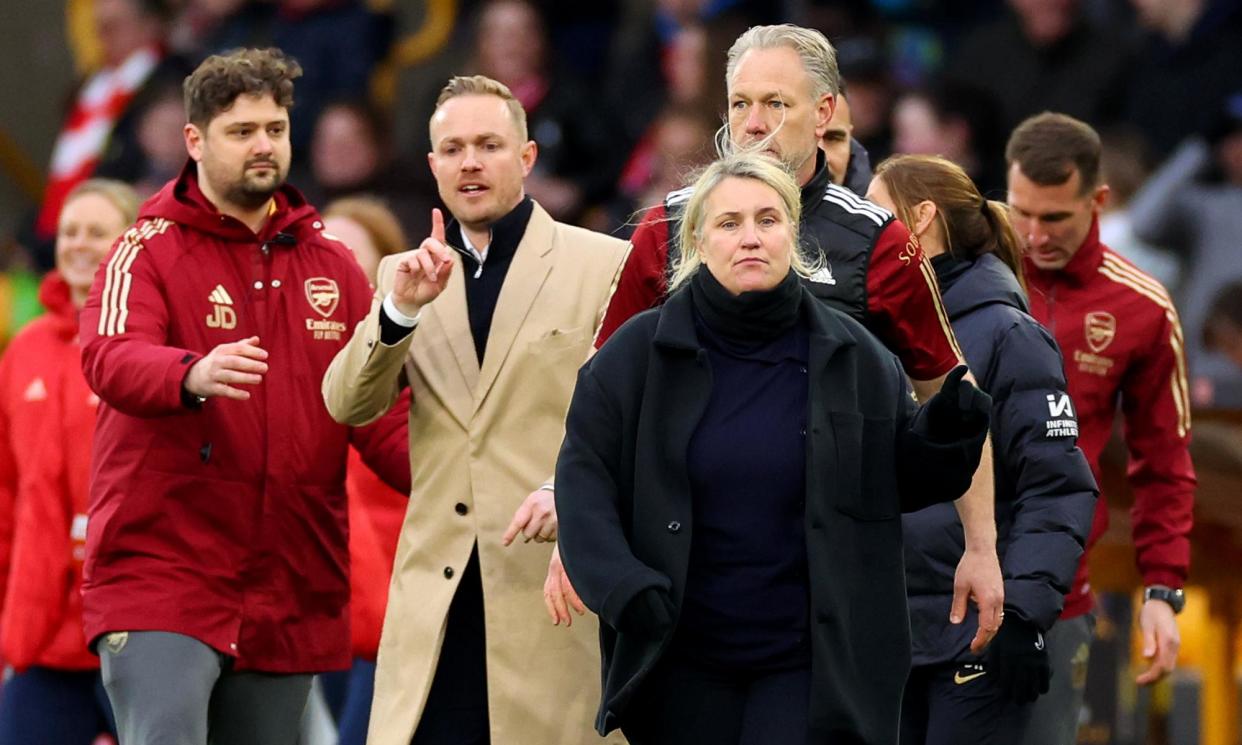 <span>Emma Hayes walks away from Jonas Eidevall following an altercation between the pair at the final whistle.</span><span>Photograph: Marc Atkins/Getty Images</span>