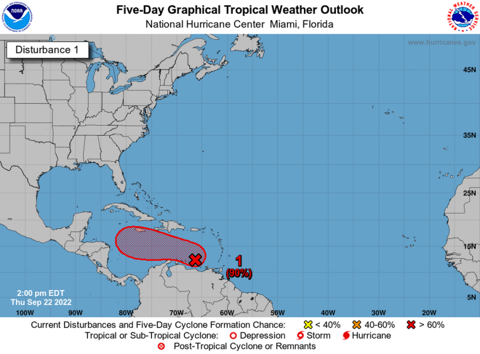 Invest 98L has a 90% chance for development over the next five days, according to the National Hurricane Center.