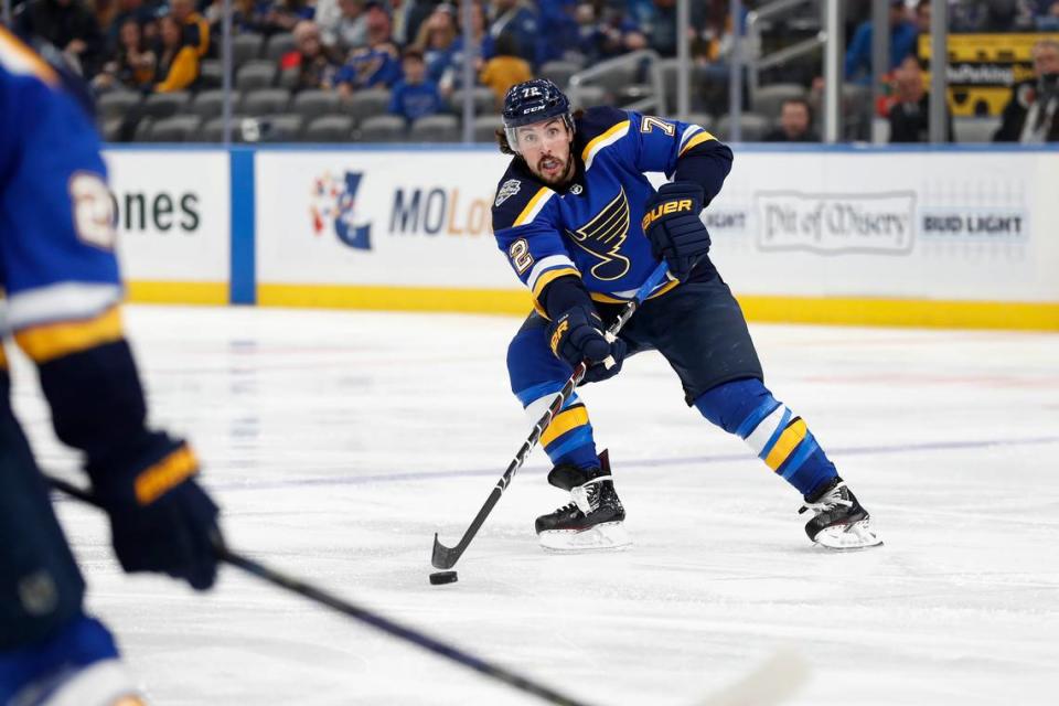 St. Louis Blues’ Justin Faulk passes the puck during the second period of the team’s NHL hockey game against the Edmonton Oilers on Wednesday, Dec. 18, 2019, in St. Louis. (AP Photo/Jeff Roberson)