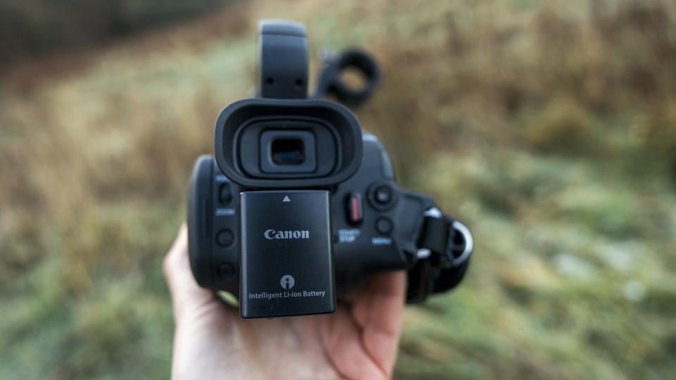 The Canon XA65's battery pack and ports
