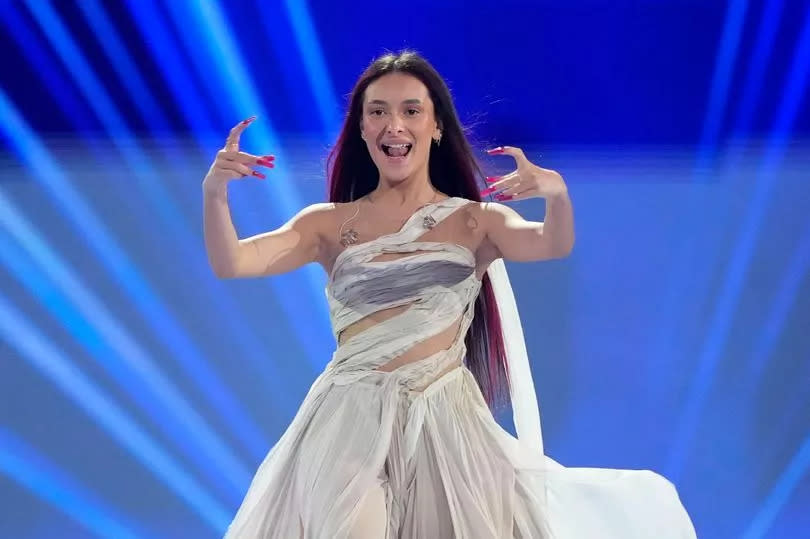 Eden Golan of Israel arrives on stage for the introducing of the artists during the dress rehearsal for the final at the Eurovision Song Contest in Malmo, Sweden