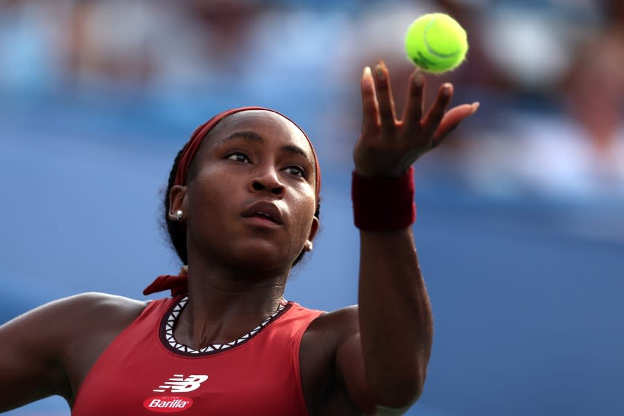 WASHINGTON, DC – AUGUST 05: Coco Gauff of the United States celebrates serves to Liudmila Samsonova during Day 8 of the Mubadala Citi DC Open at Rock Creek Tennis Center on August 05, 2023 in Washington, DC. (Photo by Rob Carr/Getty Images)