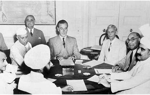 <span class="caption">Lord Mountbatten, then viceroy of India, meets Nehru Jinnah and other leaders to plan partition of India.</span> <span class="attribution"><a class="link " href="https://commons.wikimedia.org/wiki/File:Lord_Mountbatten_meets_Nehru,_Jinnah_and_other_Leaders_to_plan_Partition_of_India.jpg" rel="nofollow noopener" target="_blank" data-ylk="slk:Wikipedia;elm:context_link;itc:0;sec:content-canvas">Wikipedia</a>, <a class="link " href="http://creativecommons.org/licenses/by-nc/4.0/" rel="nofollow noopener" target="_blank" data-ylk="slk:CC BY-NC;elm:context_link;itc:0;sec:content-canvas">CC BY-NC</a></span>