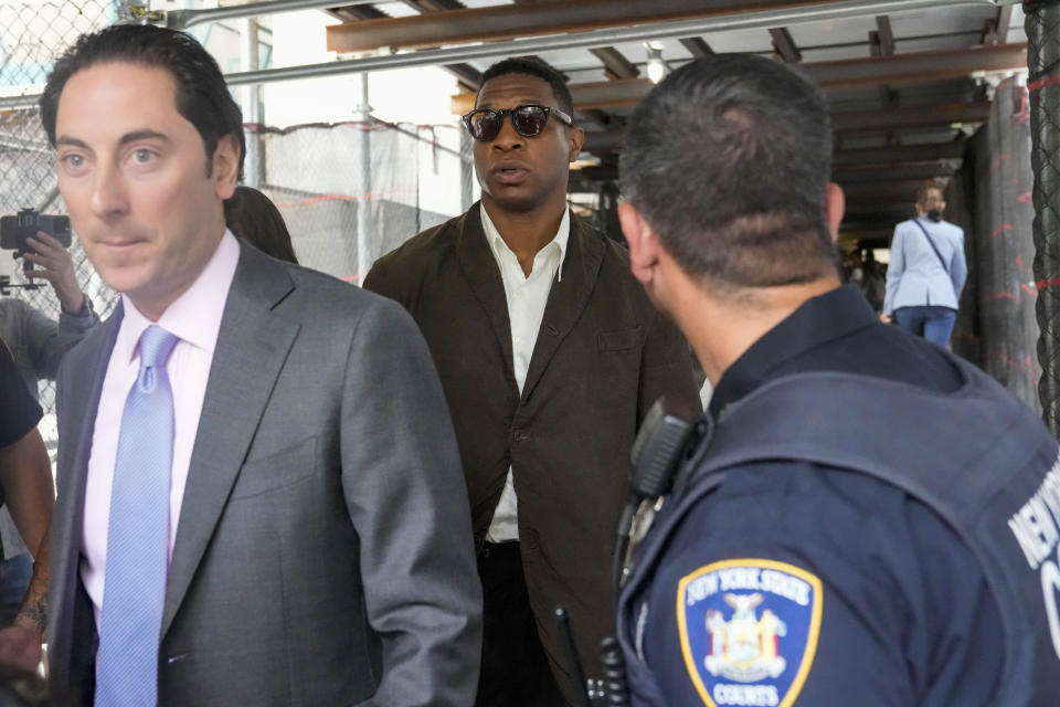 Jonathan Majors leaves court after a hearing on his domestic violence case, Tuesday, June 20, 2023, in New York. (AP Photo/Mary Altaffer)