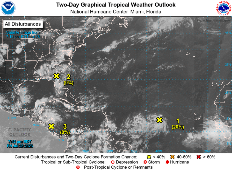 Disturbance 2, in the Southwest Atlantic, formed as a weak area of low pressure east of Jacksonville on July 28, 2023.