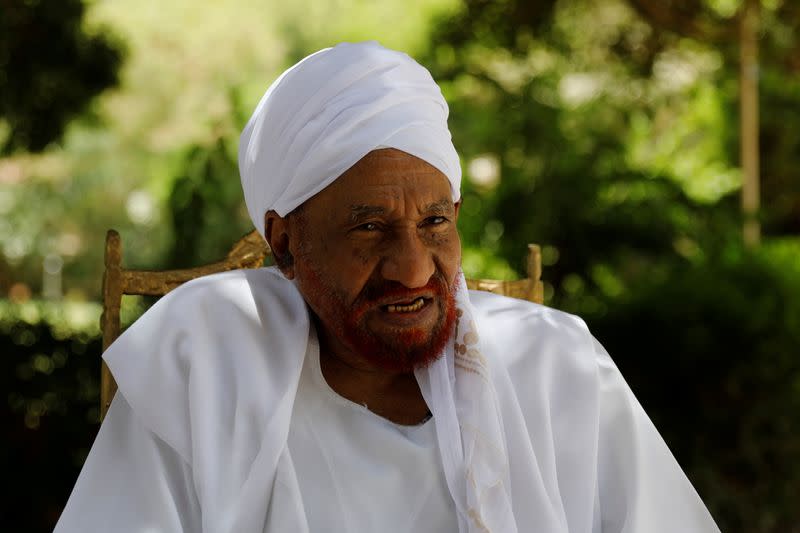 FILE PHOTO: Leading Sudanese opposition figure Sadiq al-Mahdi talks during an interview with Reuters in Khartoum