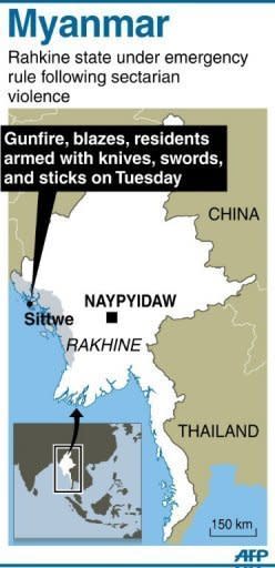 A state of emergency is in place in Rakhine state where clashes have caused dozens of deaths and forced hundreds of people from both sides to flee their homes since Friday