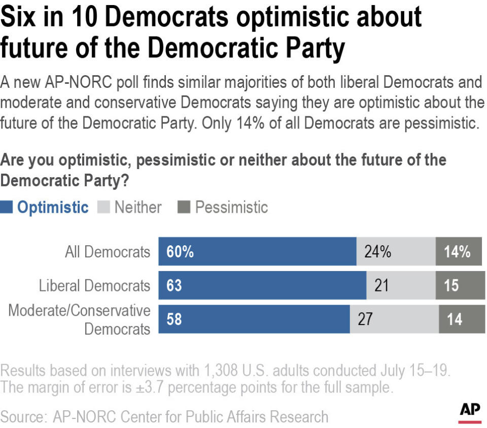 A new AP-NORC poll finds similar majorities of both liberal Democrats and moderate and conservative Democrats saying they are optimistic about the future of the Democratic Party. Only 14% of all Democrats are pessimistic.