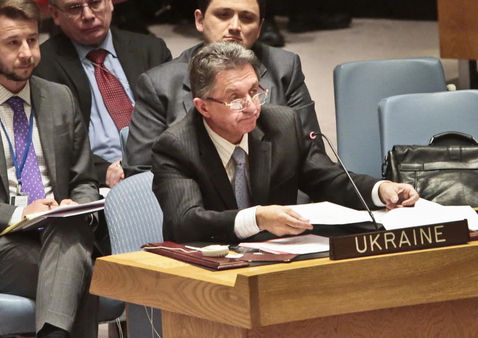 U.N. Ukraine Ambassador Yuriy Sergeyev speaks during a meeting of the U.N. Security Council on the crisis in the Ukraine, Wednesday March 19, 2014, at United Nations Headquarters. (AP Photo/Bebeto Matthews)