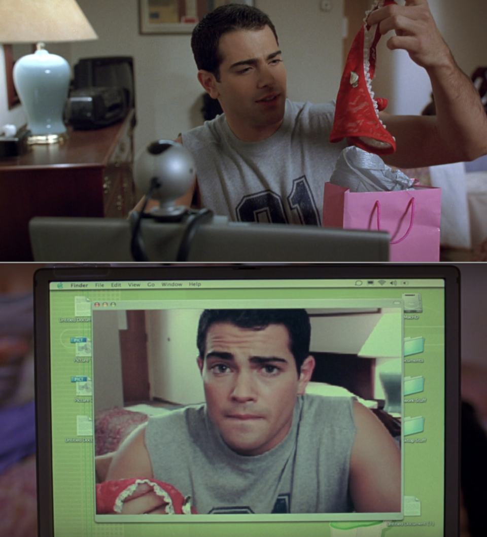 Two images of Jesse Metcalfe: top depicts Jesse holding up lingerie near a webcam, bottom shows Jesse on a video call, visible on a computer screen