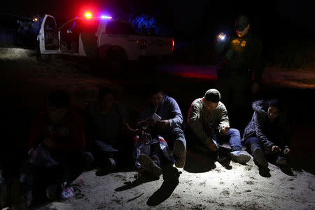 A border patrol agent apprehends immigrants who illegally crossed the border from Mexico into the U.S. in the Rio Grande Valley sector, near McAllen, Texas, U.S., April 2, 2018. REUTERS/Loren Elliott