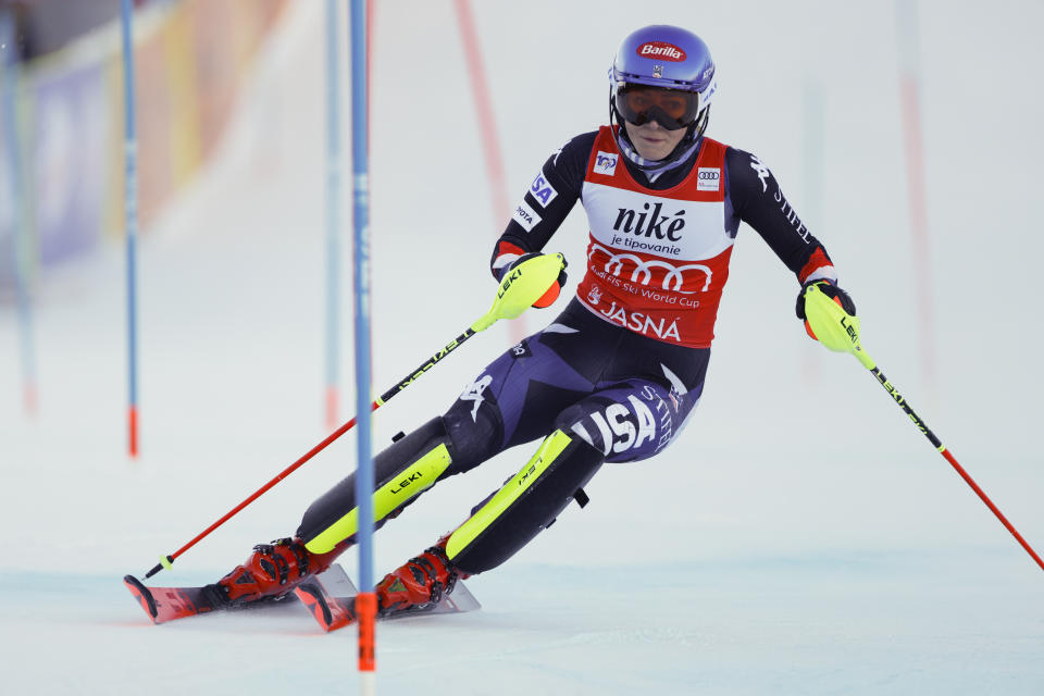 United States' Mikaela Shiffrin competes during the first run of an alpine ski, women's World Cup slalom race, in Jasna, Slovakia, Sunday, Jan. 21, 2024. (AP Photo/Giovanni Maria Pizzato)