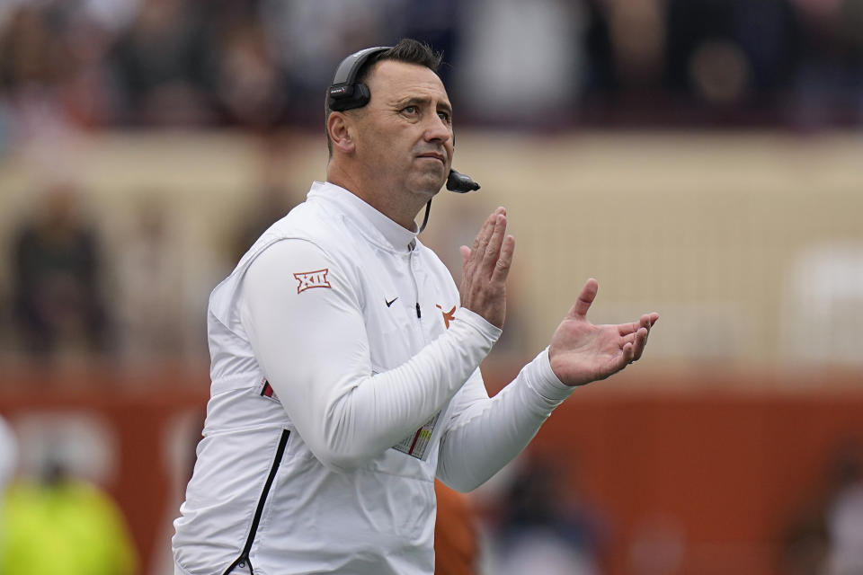 Texas head coach Steve Sarkisian watches from the sidelines during the first half of an NCAA college football game against Baylor in Austin, Texas, Friday, Nov. 25, 2022. (AP Photo/Eric Gay)