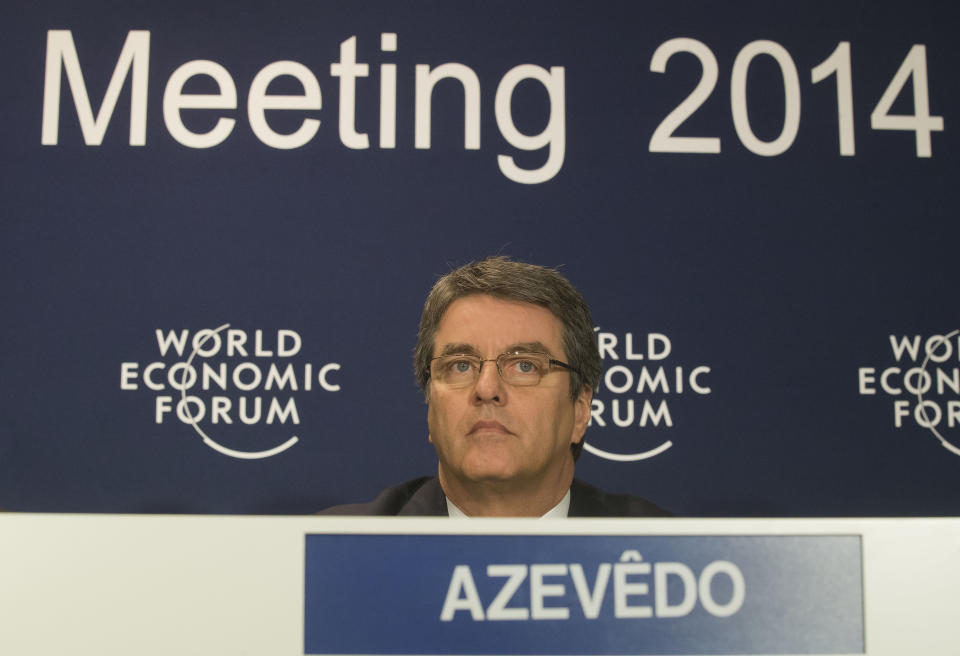 Director-General of the WTO Roberto Azevedo, listening during a press conference at the World Economic Forum in Davos, Switzerland, Saturday, Jan. 25, 2014. (AP Photo/Michel Euler)