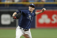 Tampa Bay Rays starting pitcher Ryan Yarbrough works from the mound against the Detroit Tigers during the first inning of a baseball game Saturday, Sept. 18, 2021, in St. Petersburg, Fla. (AP Photo/Scott Audette)