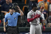 Atlanta Braves' Jorge Soler celebrates a three-run home run during the third inning in Game 6 of baseball's World Series between the Houston Astros and the Atlanta Braves Tuesday, Nov. 2, 2021, in Houston. (AP Photo/Sue Ogrocki)