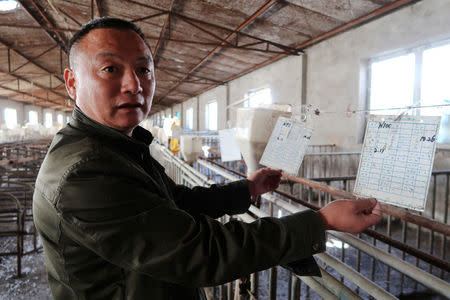 Zhang Faqing shows discarded record cards in his pig farm on the outskirts of Beijing, China October 30, 2017. REUTERS/Hallie Gu/Files