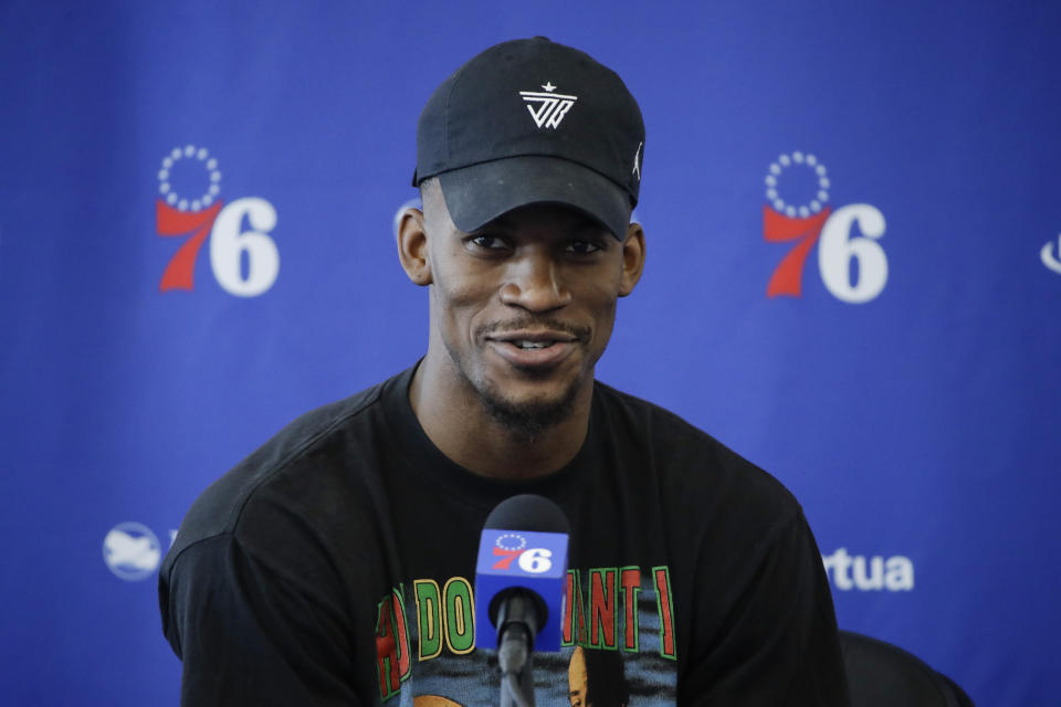 Philadelphia 76ers' Jimmy Butler speaks with members of the media during a news conference at the NBA basketball team's practice facility in Camden, N.J., Monday, May 13, 2019. (AP Photo/Matt Rourke)