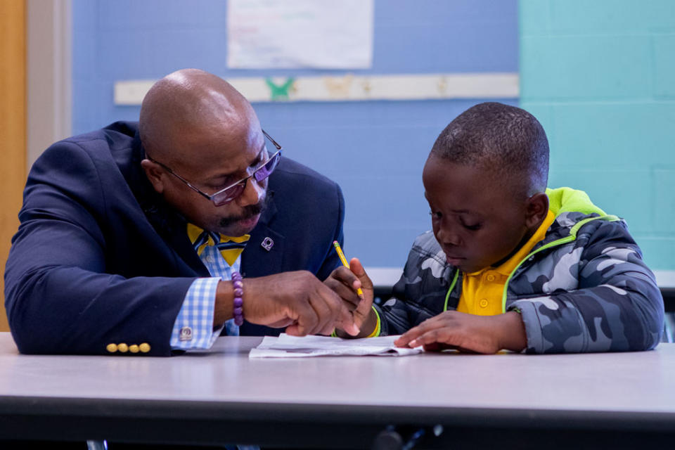 Keith Pemberton, a school social worker in the Guilford County Schools, meets with a student. (Guilford County Schools)