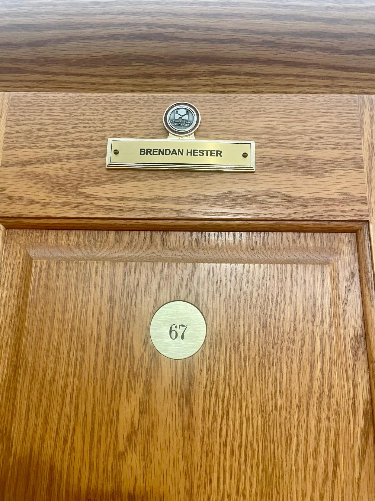 Brendan Hester’s locker No. 67 at Pleasant Valley CC in Sutton.