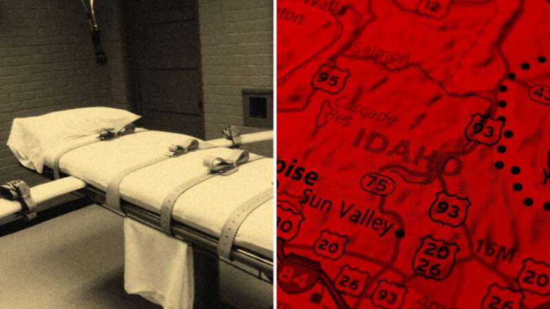 A bed in an execution chamber next to a red-tinted map of Idaho