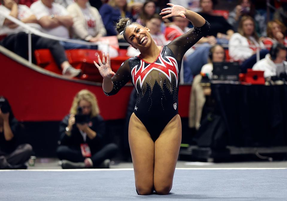 Utah’s Jaedyn Rucker does her floor routine as the Utah Red Rocks compete against Boise State in a gymnastics meet at the Huntsman Center in Salt Lake City on Friday, Jan. 5, 2024. Utah won. | Kristin Murphy, Deseret News