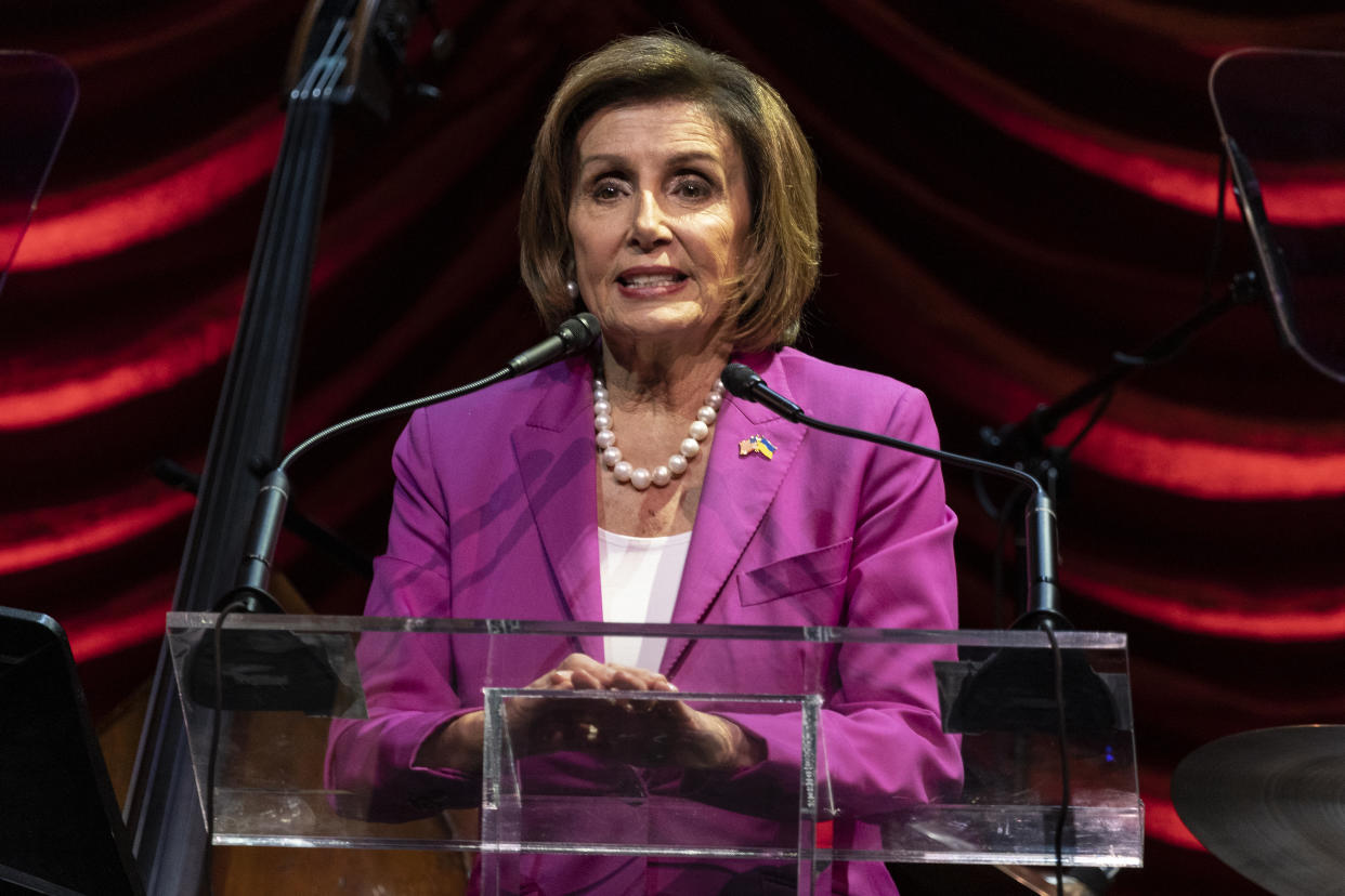 NEW YORK, NEW YORK - OCTOBER 03: Nancy Pelosi speaks onstage during Tectonic Theater Project's Annual Benefit 