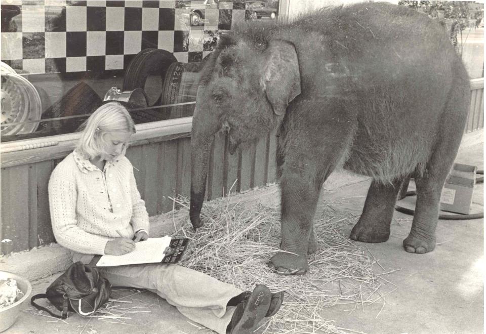 Carol Buckley studying while sitting next to Tarra in 1974 California.
