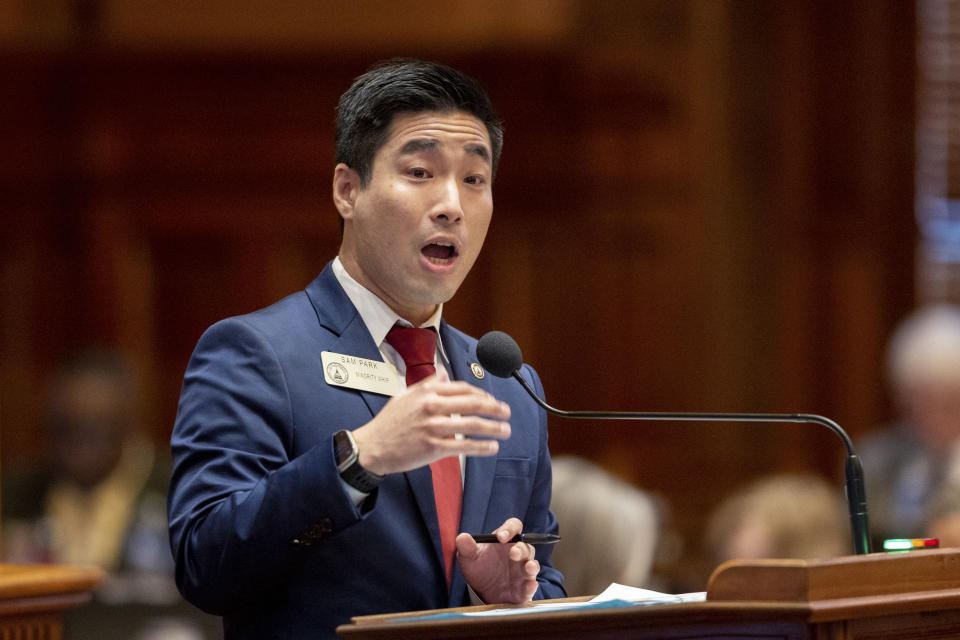 State Rep. Sam Park, D-Lawrenceville, speaks against prosecutor oversight bill SB 332 at the House of Representatives in the Capitol in Atlanta on Tuesday, March 5, 2024. (Arvin Temkar/Atlanta Journal-Constitution via AP)