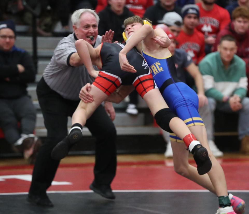 Mahopac's Charles Przymylski pinned Fox Lane's Antonio Camberari at 102 lbs in the Section 1 wrestling dual meet tourney championship held at Fox Lane Dec. 20, 2022.  