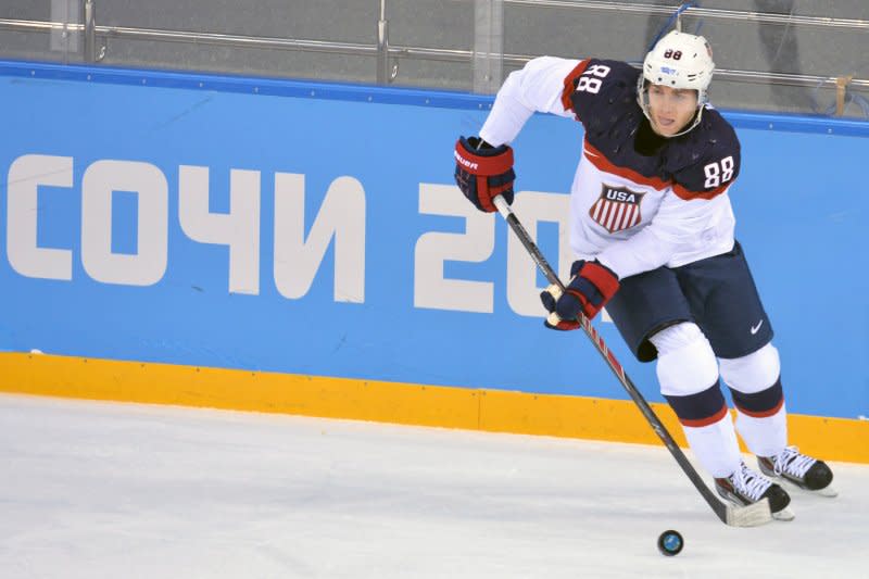 Veteran forward Patrick Kane scored 451 goals through his first 16 seasons in the NHL. File Photo by Kevin Dietsch/UPI