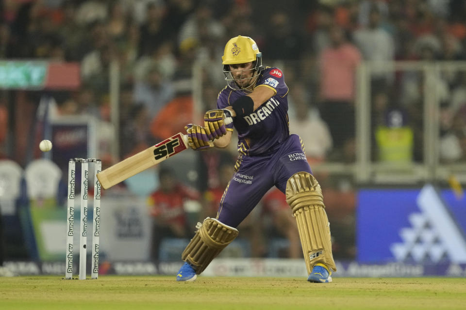 Kolkata Knight Riders' Rahmanullah Gurbaz plays a shot during the Indian Premier League qualifier cricket match between Kolkata Knight Riders and Sunrisers Hyderabad in Ahmedabad, India, Tuesday, May 21, 2024. (AP Photo/Ajit Solanki)