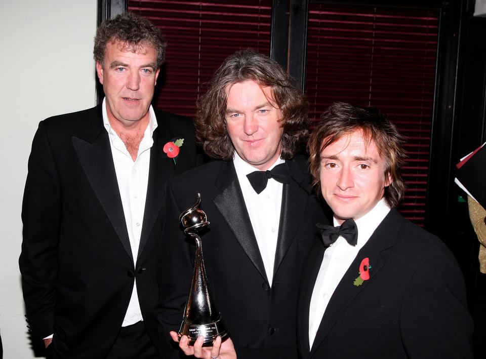 LONDON - OCTOBER 31: 'Top Gear' presenters (L-R) Jeremy Clarkson, James May and Richard Hammond pose with the award for Most Popular Factual Programme at the National Television Awards 2007 at the Royal Albert Hall on October 31, 2007 in London, England. (Photo by Dave Hogan/Getty Images)